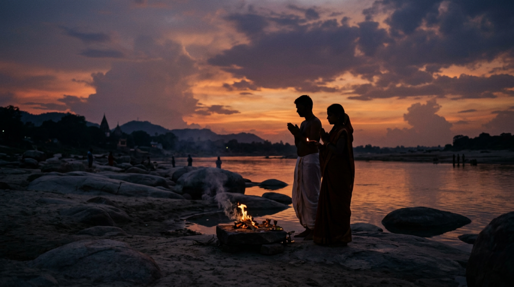 विष्णुपद मंदिर: आस्था और मोक्ष का केंद्र 10 Silhouetted couple praying by a river with a small ritual fire at sunset